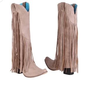 Women's Flock Pointed Toe Tassel Rivets Block Heel Cowboy Mid Calf Boots